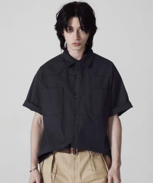 Western HBT Cotton Overfit Short Sleeve Shirt (Black)