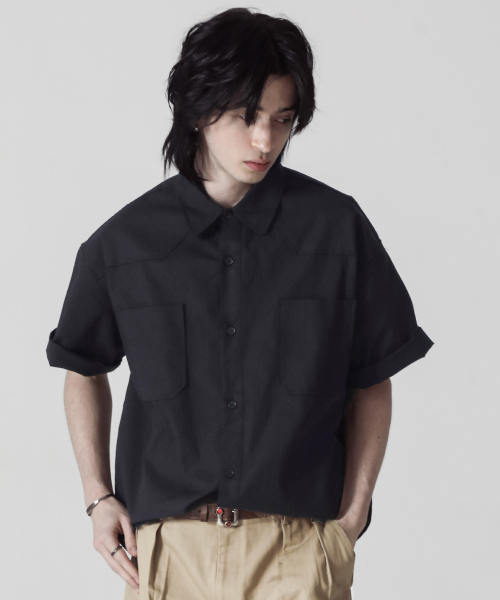 Western HBT Cotton Overfit Short Sleeve Shirt (Black)