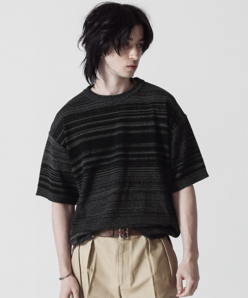 Summer Vintage Pattern Boucle Knit Short Sleeve (Black)