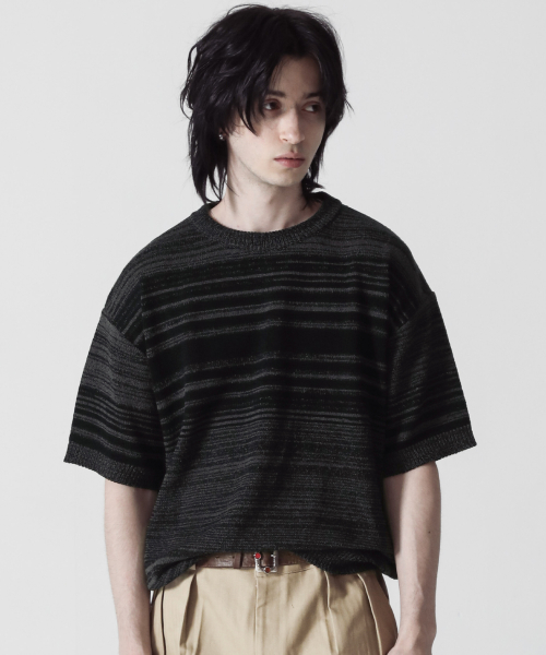 Summer Vintage Pattern Boucle Knit Short Sleeve (Black)