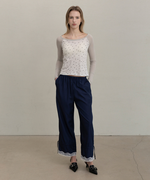 Lace Drawstring Two-way Pants - Navy