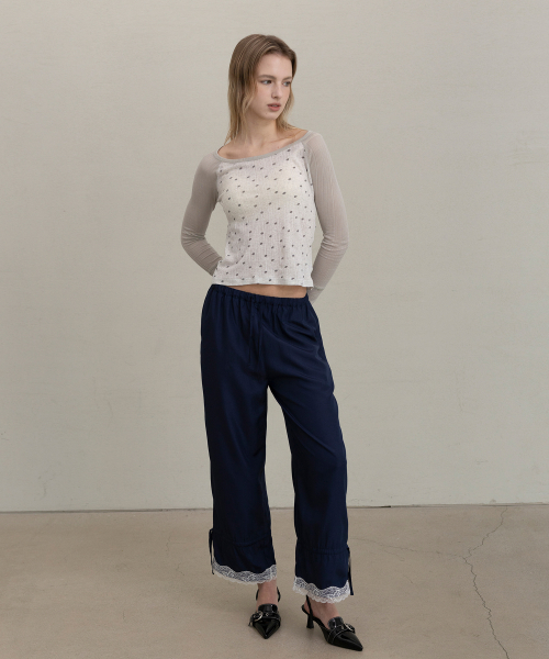 Lace Drawstring Two-way Pants - Navy