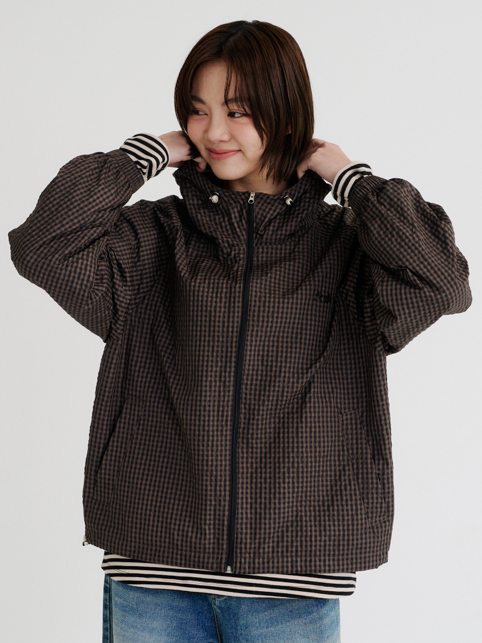 Check Hooded Windbreaker (Brown Black)