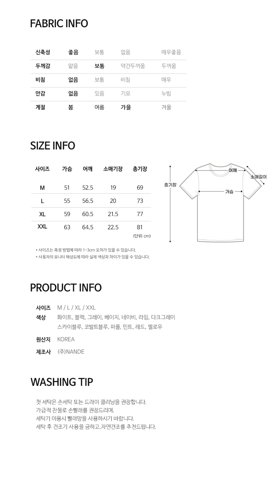 사이즈표 M,L,XL,2XL