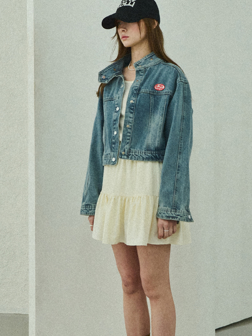 Biker cropped denim jacket - Mid Blue
