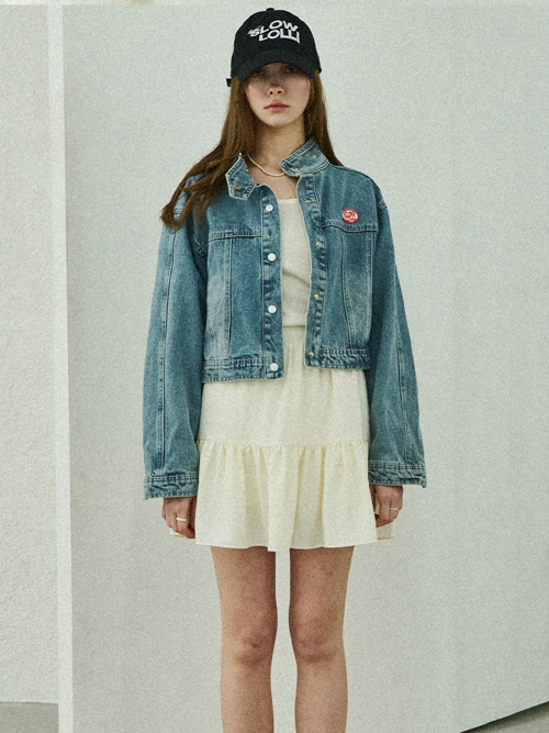 Biker cropped denim jacket - Mid Blue