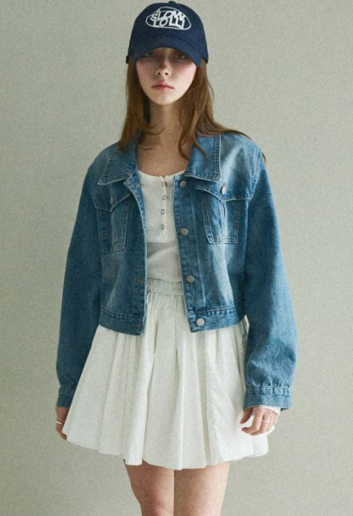 Washing denim lettering jacket - Mid blue