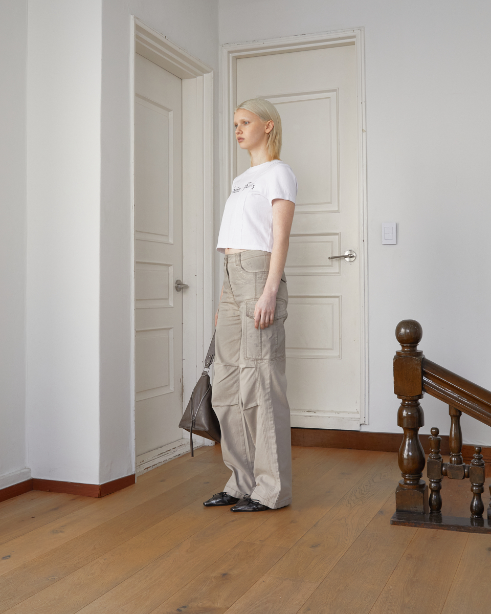 ★Matin Kim★ UNBALANCE TYPO LOGO CROP TOP IN KHAKI MUSINSA | MATIN KIM UNBALANCE TYPO LOGO CROP TOP IN KHAKI