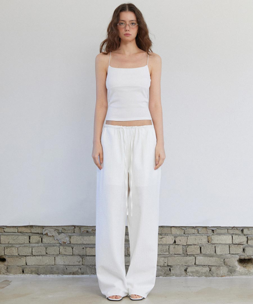 Seersucker Banding Stripe Wide Pants White