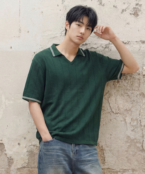V-neck collar short-sleeve shirt knit [Kelly Green] thumbnail 4
