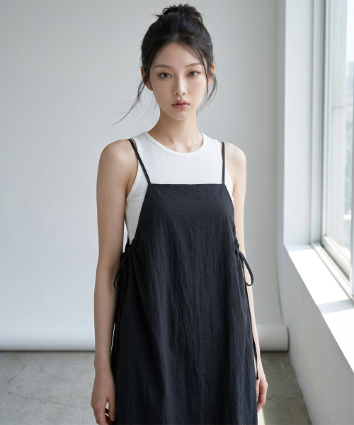 Shirred Layered Maxi Long Dress [Black] thumbnail 11