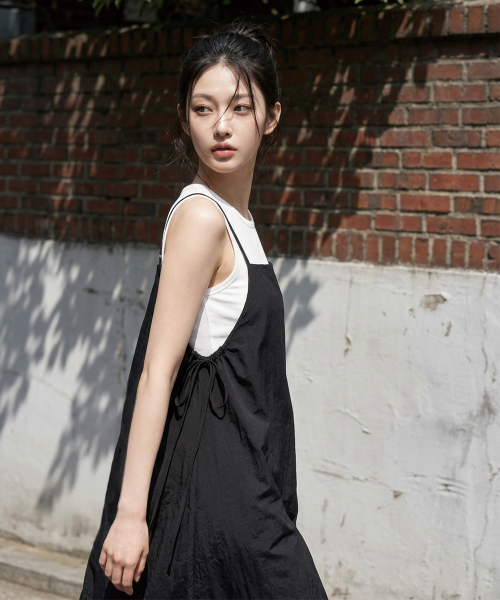 Shirred Layered Maxi Long Dress [Black] thumbnail 12