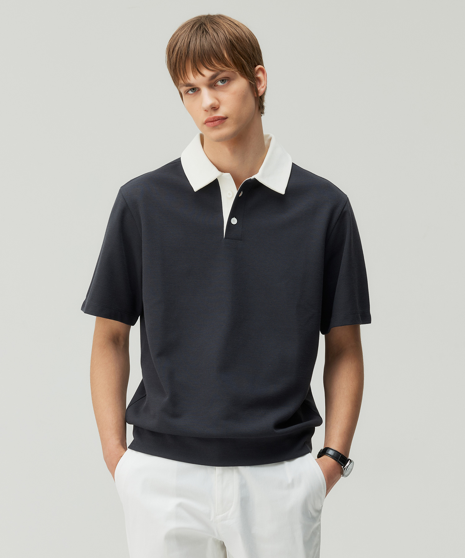 Waffle tissue coloration semi-over collar T-shirt - 2color