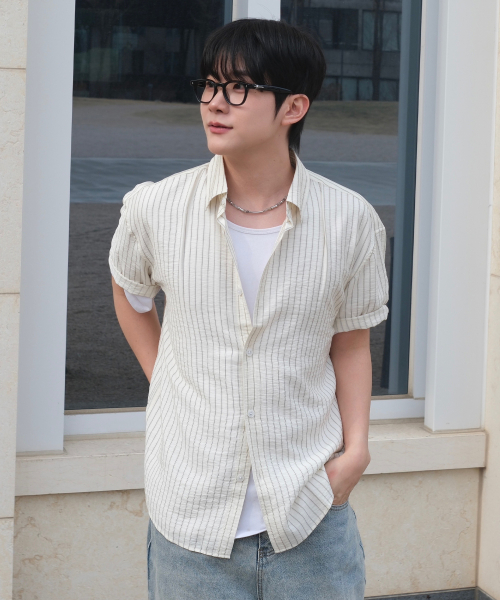 [ON]Stripe overfit cream short sleeve shirt