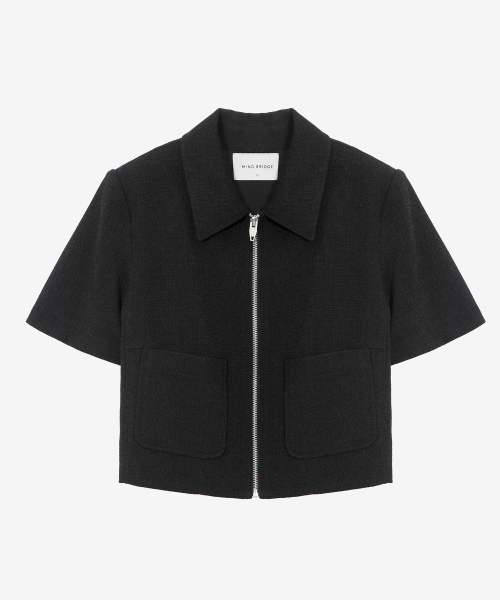 [W]Tweed collar zip-up short-sleeved jacket