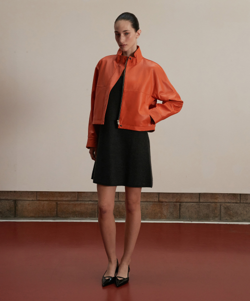 Italian nappa Lambskin High-neck short jumper_Orangeade