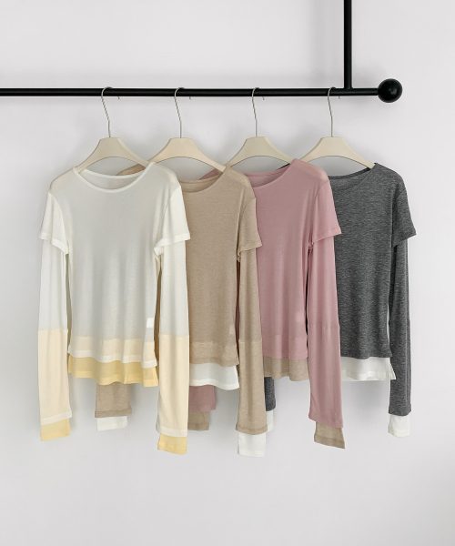 Color Block Layered длинный рукав T-рубашка (4colors)