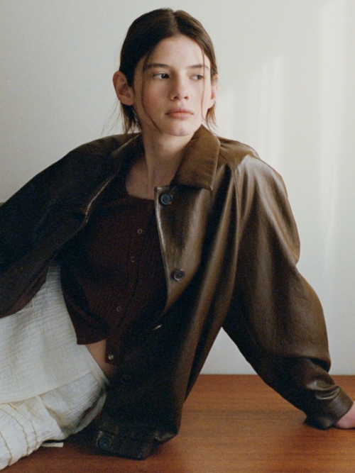 VEGAN LEATHER BLOUSON JACKET BROWN