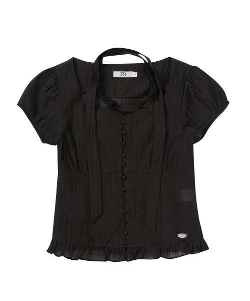 Ribbon Tie Square Neck Blouse Black thumbnail 2