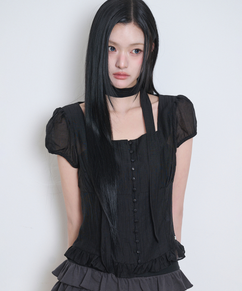 Ribbon Tie Square Neck Blouse Black thumbnail 5