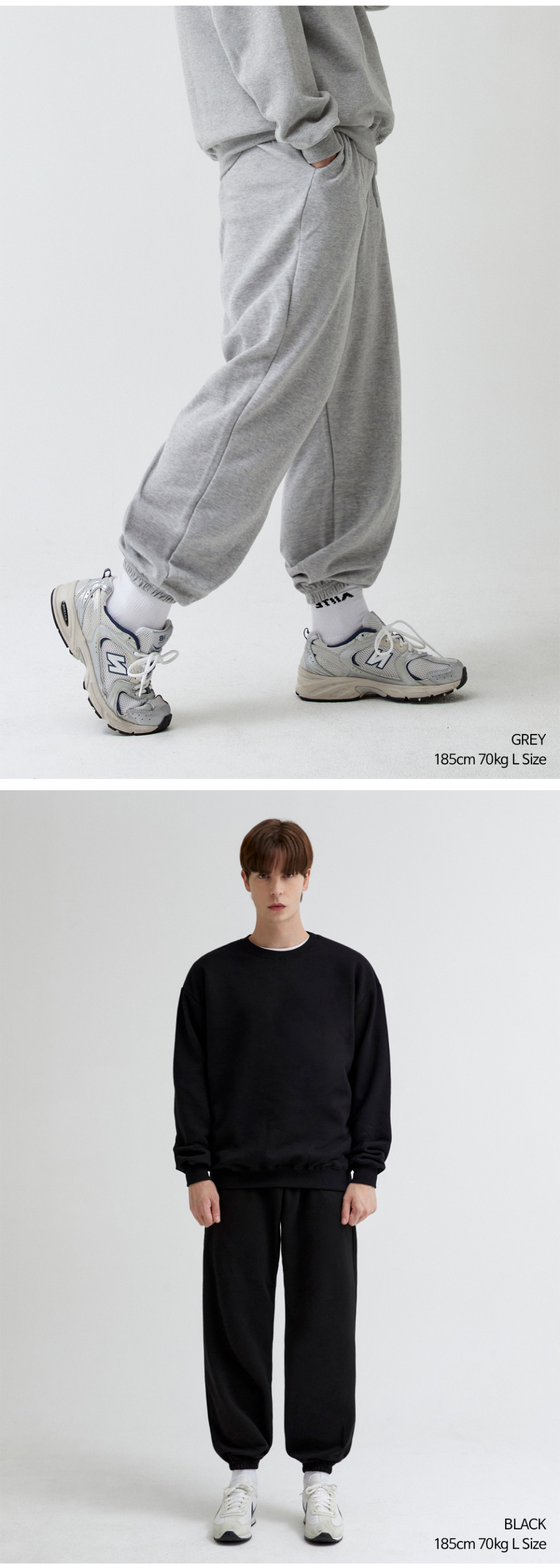 그레이색상 세미와이드 조거팬츠를 입은 남자사진,블랙색상 세미와이드 조거팬츠를 입은 남자사진