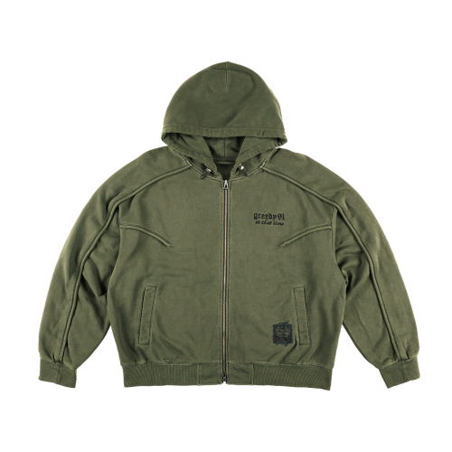 Оверфит худи на молнии с окрасом Garment Dyeing (Shadow Khaki)