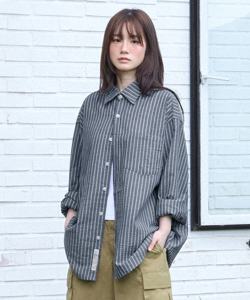Seersucker Stripe Shirt-Navy