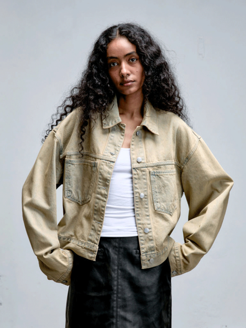 Washed Denim Crop Jacket Beige