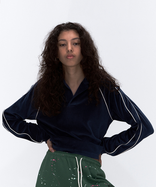 Velour Piped Collar Tee Navy