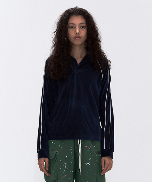 Velour Piped Collar Tee Navy
