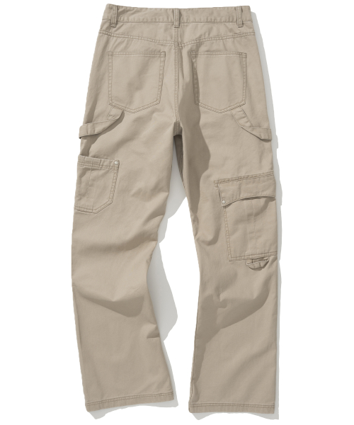 Double Knee Carpenter Flare Fit Cotton Pants - Beige