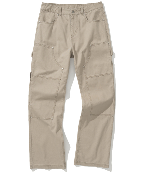 Double Knee Carpenter Flare Fit Cotton Pants - Beige