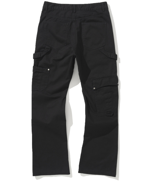 Double Knee Carpenter Flare Fit Cotton Pants - Black