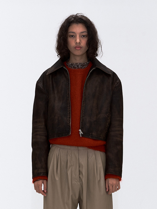 Slit Vintage Wash Leather Jacket Brown
