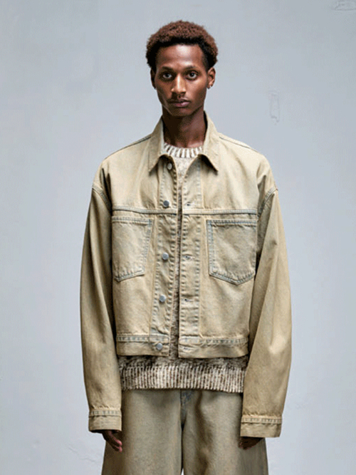 Men Washed Denim Crop Jacket Beige
