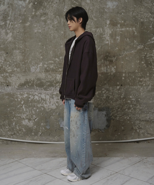 Men Oversized Sweat Hoodie Zip-Up Brown