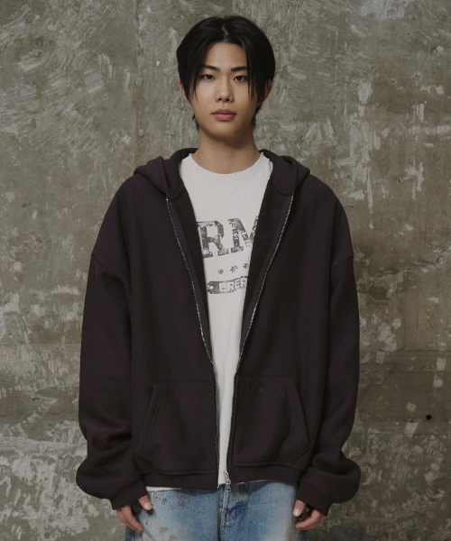 Men Oversized Sweat Hoodie Zip-Up Brown