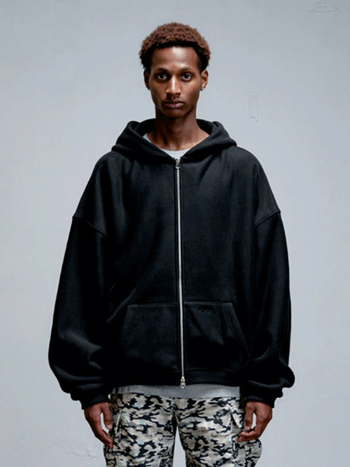 Men Oversized Sweat Hoodie Zip-Up Black