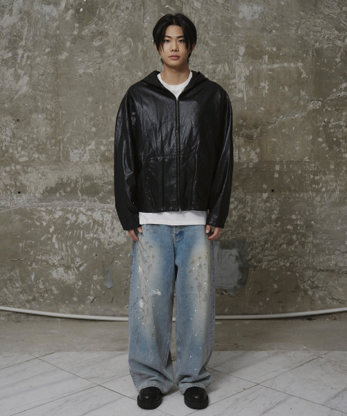 Men Oversized Leather Hoodie Jumper Black