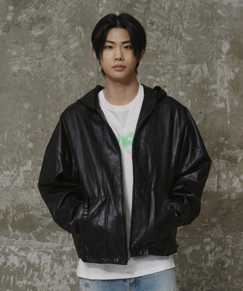Men Oversized Leather Hoodie Jumper Black
