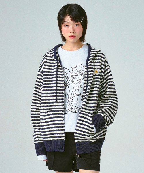 [UNISEX] Вязаный зип-худи в полоску с цветами, Cream Navy