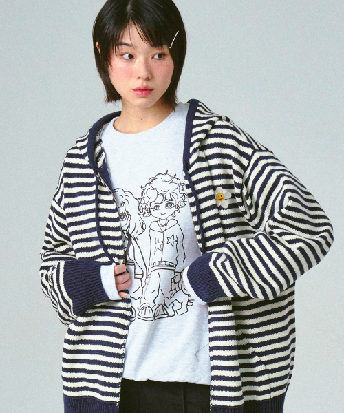 [UNISEX] Вязаный зип-худи в полоску с цветами, Cream Navy
