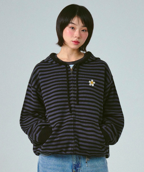 [UNISEX] Полосатое худи на молнии с вышивкой Flower Dot (Black Charcoal)
