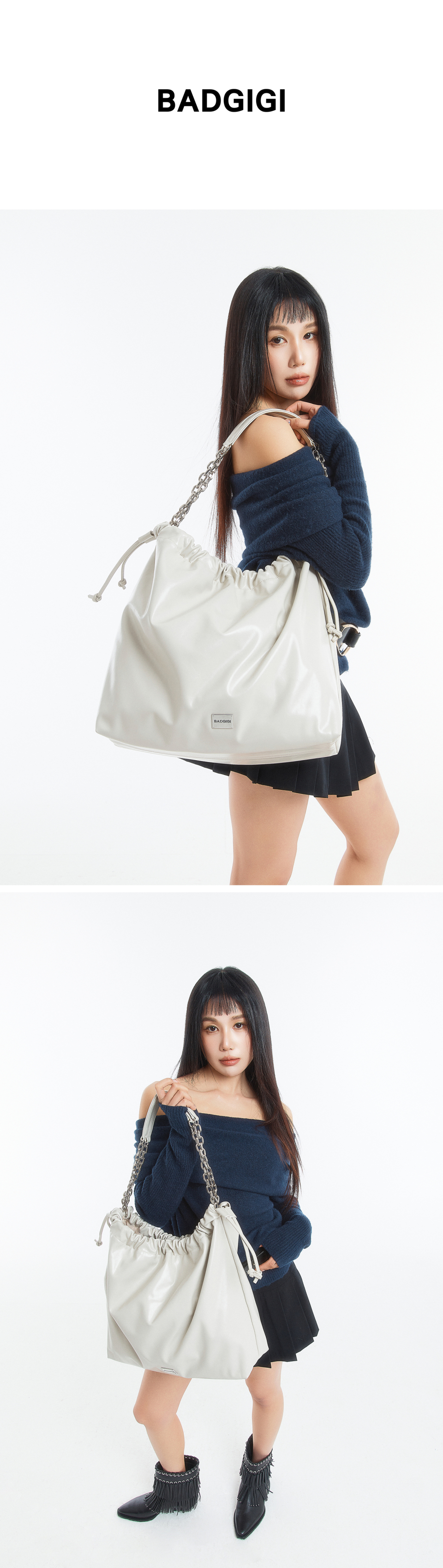 MUSINSA | BADGIGI Chain Trowstring Bag Light Gray