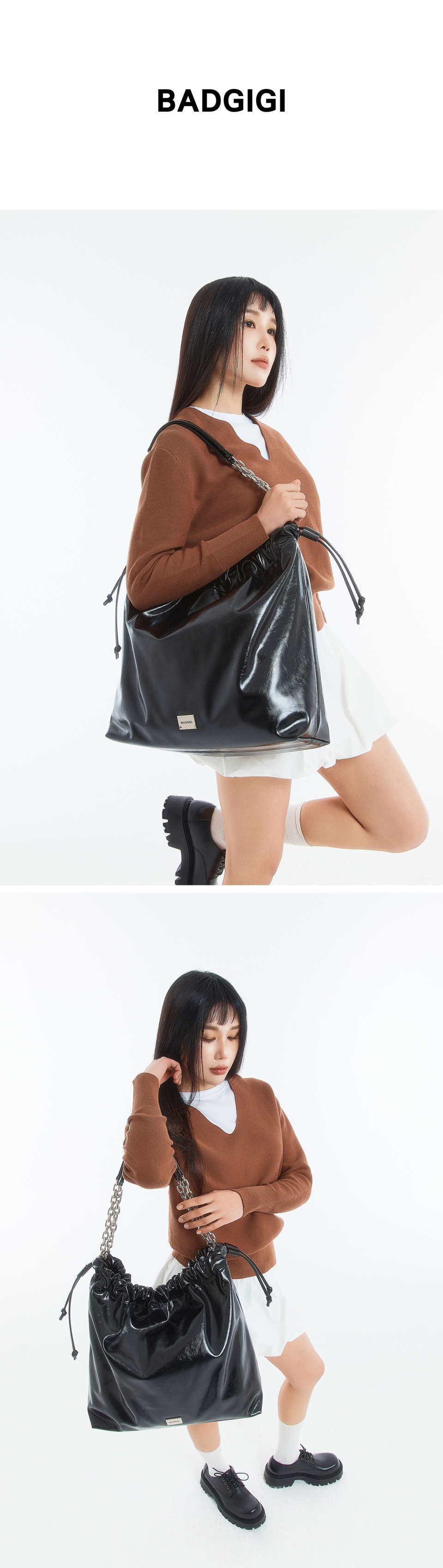 MUSINSA | BADGIGI Chain Trowstring Bag Black