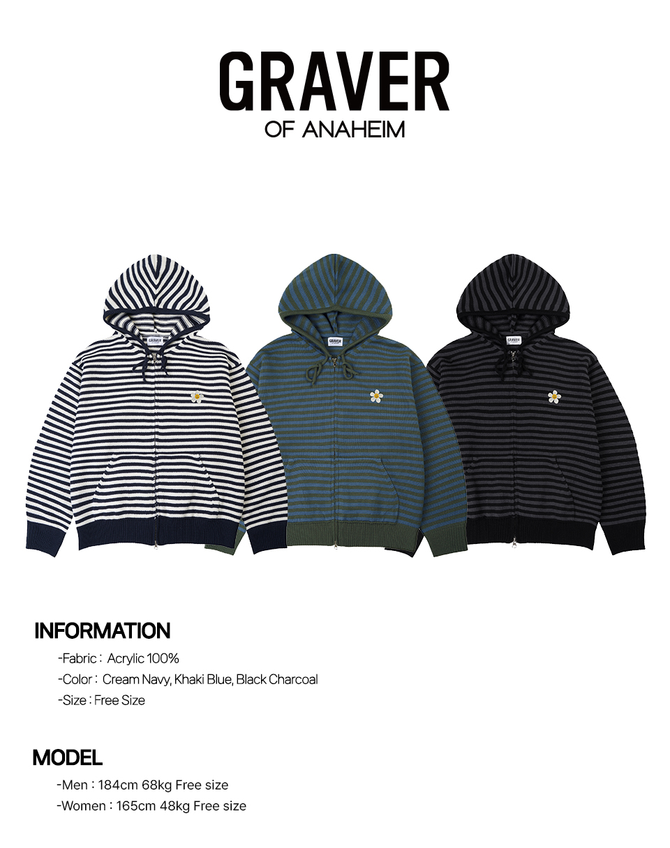 【GRAVER】25SS★ Flower Dot Embroidery Knit St Hood Zip-up UNISEX] Flower Dot Embroidery Knit Stripe Hooded Zip-up