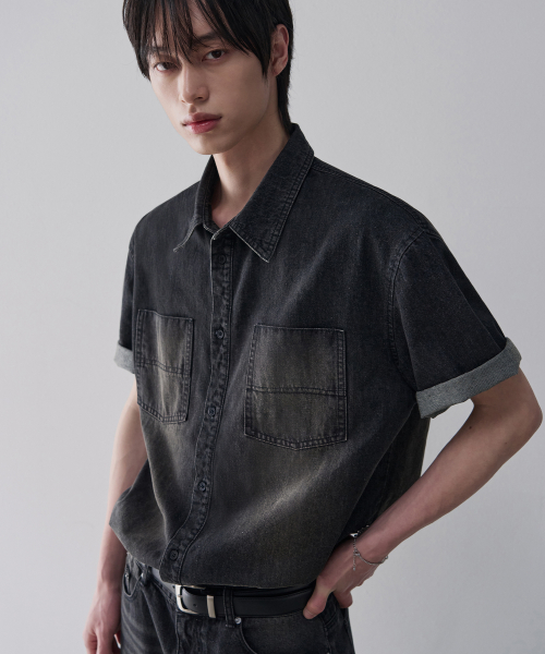 CARDIFF TWO POCKET WASHING DENIM HALF SHIRT [BLACK]