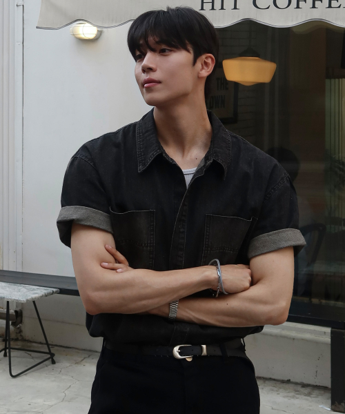 CARDIFF TWO POCKET WASHING DENIM HALF SHIRT [BLACK]