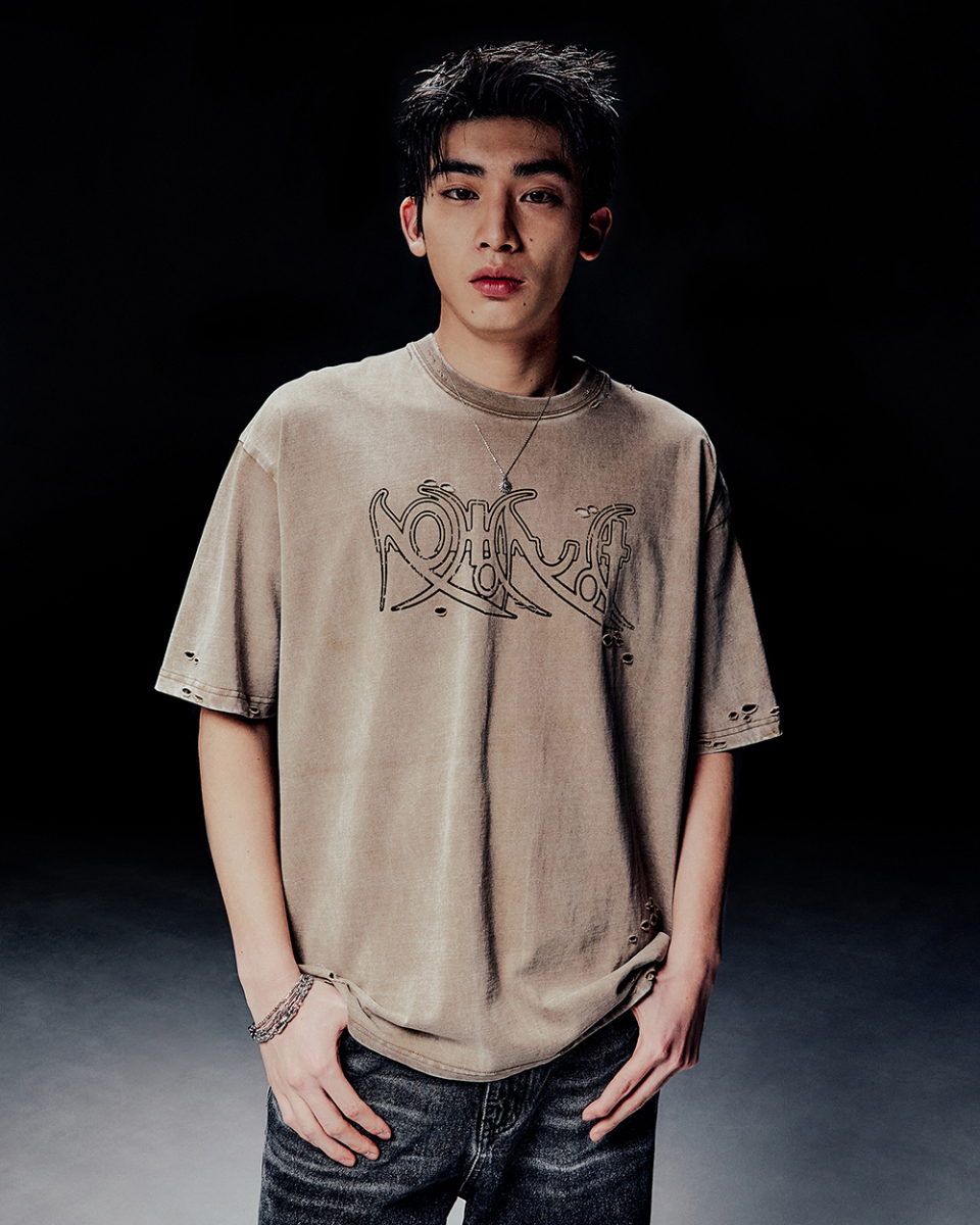 MUSINSA | NOMANUAL ECDYSIS DAMAGED T-SHIRT - WASHED BROWN