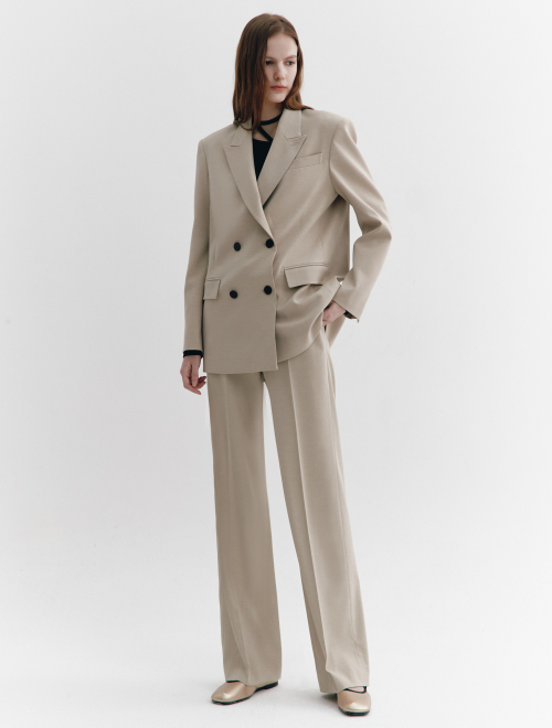Wool-Blend Belted Double-breasted Blazer BEIGE